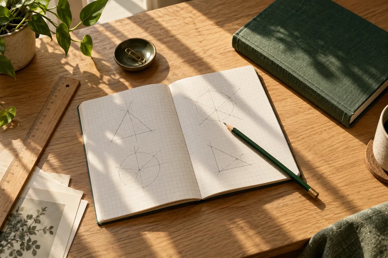 Visuel d’illustration : un cahier de géométrie et des fournitures dans la lumière du jour